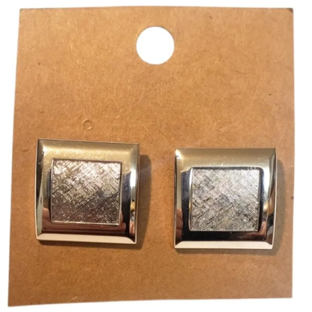 Vintage Square Cuff Links Two Tone Silver Polished & Textured Silver Cufflinks